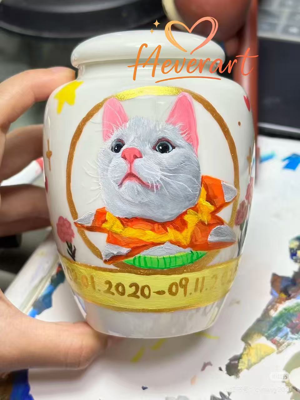 F4everart Hand-Painted Pet Portrait Urn